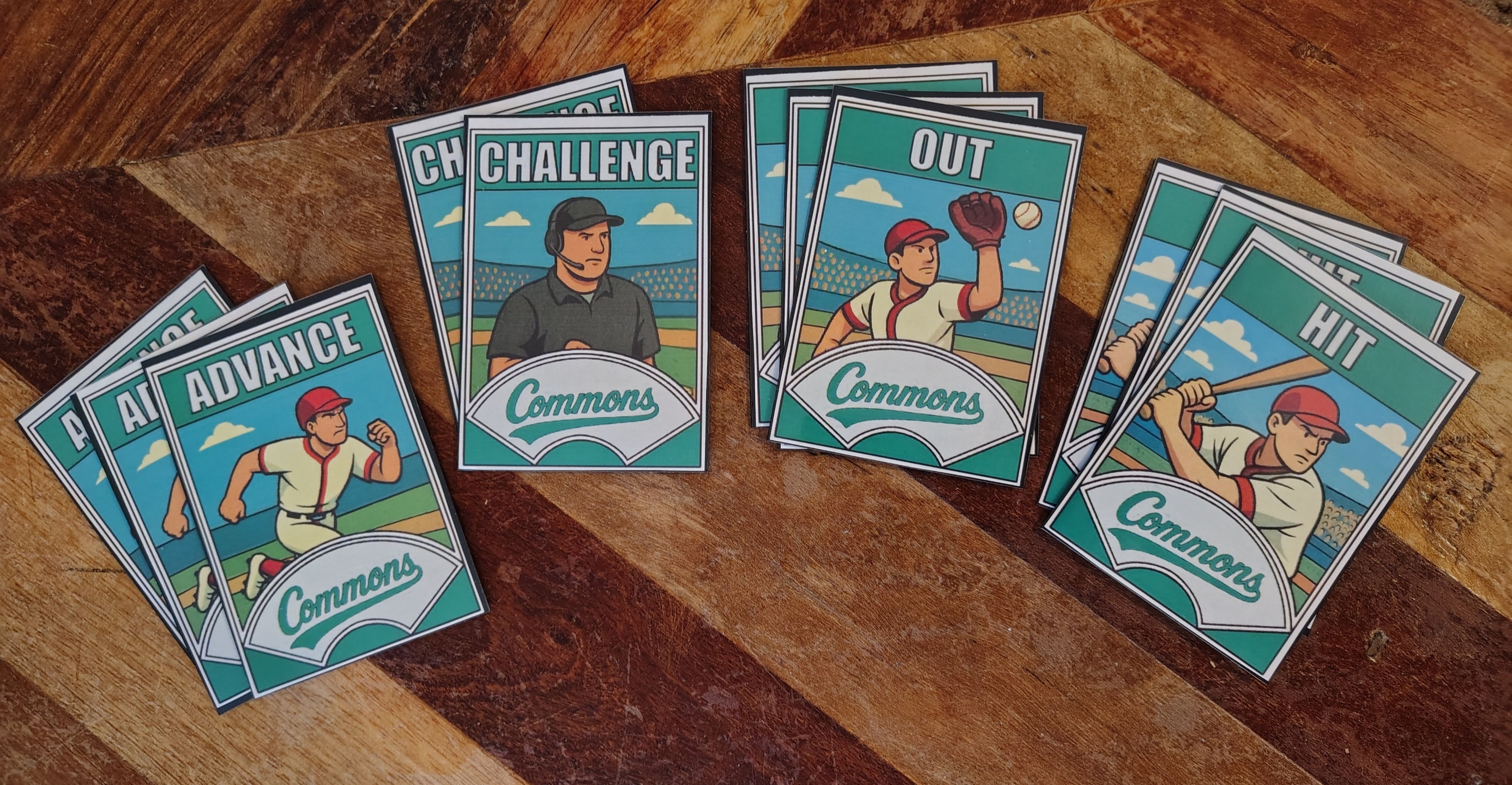 All baseball gods cards laid out - 3 Hits, 3 Outs, 3 Advances, 2 Challenges