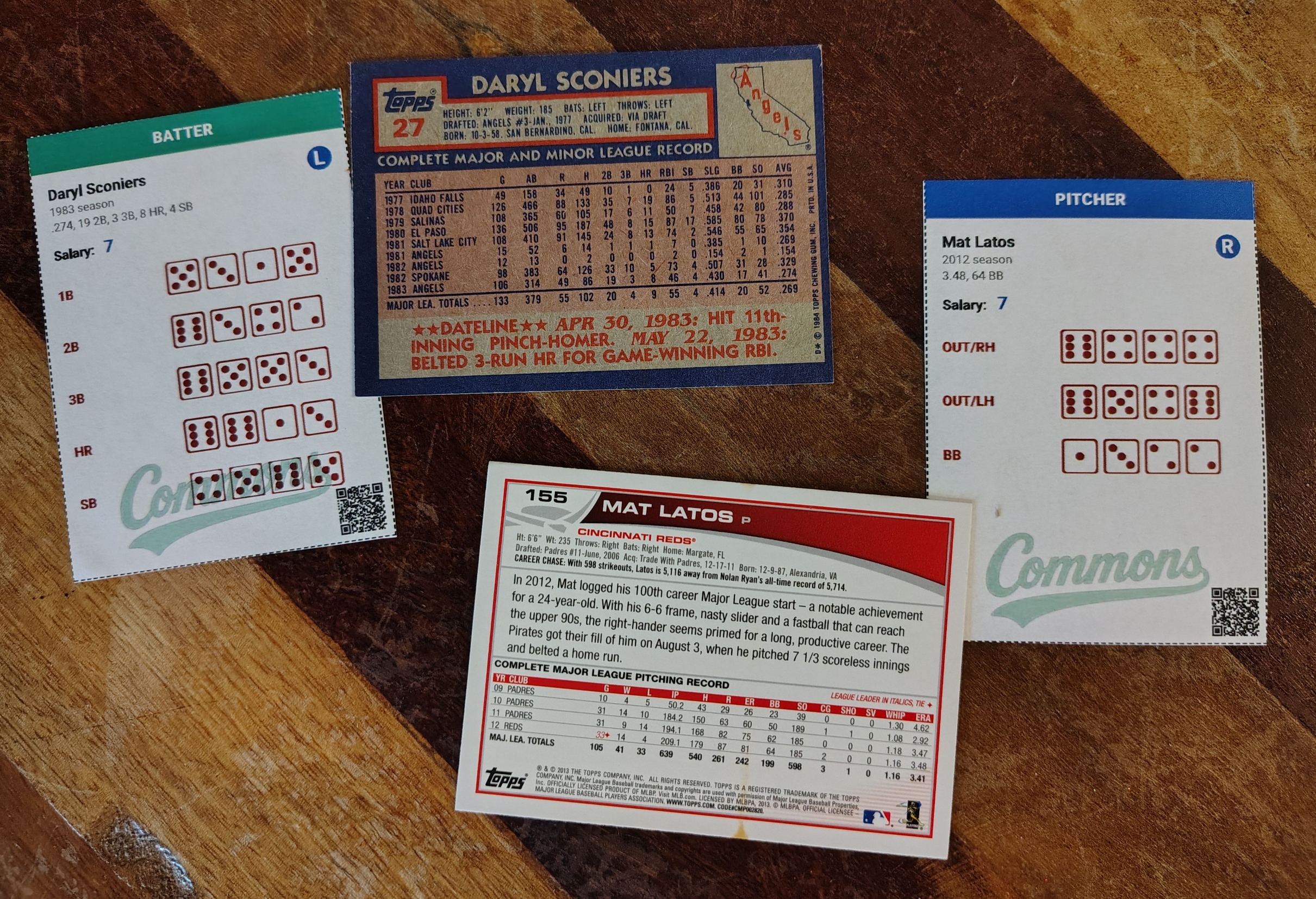 A player card back showing original stats, alongside a probability sheet with dice roll thresholds (OUT, HIT, BB, 1B, 2B, 3B, HR)